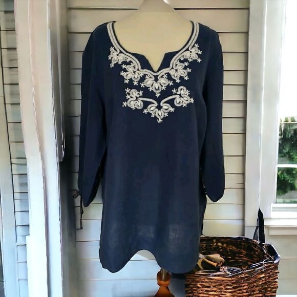 JM Collection Linen Shirt Sz 8 Top Tunic Navy Blue Embroidered Beaded Blouse. - Picture 1 of 16